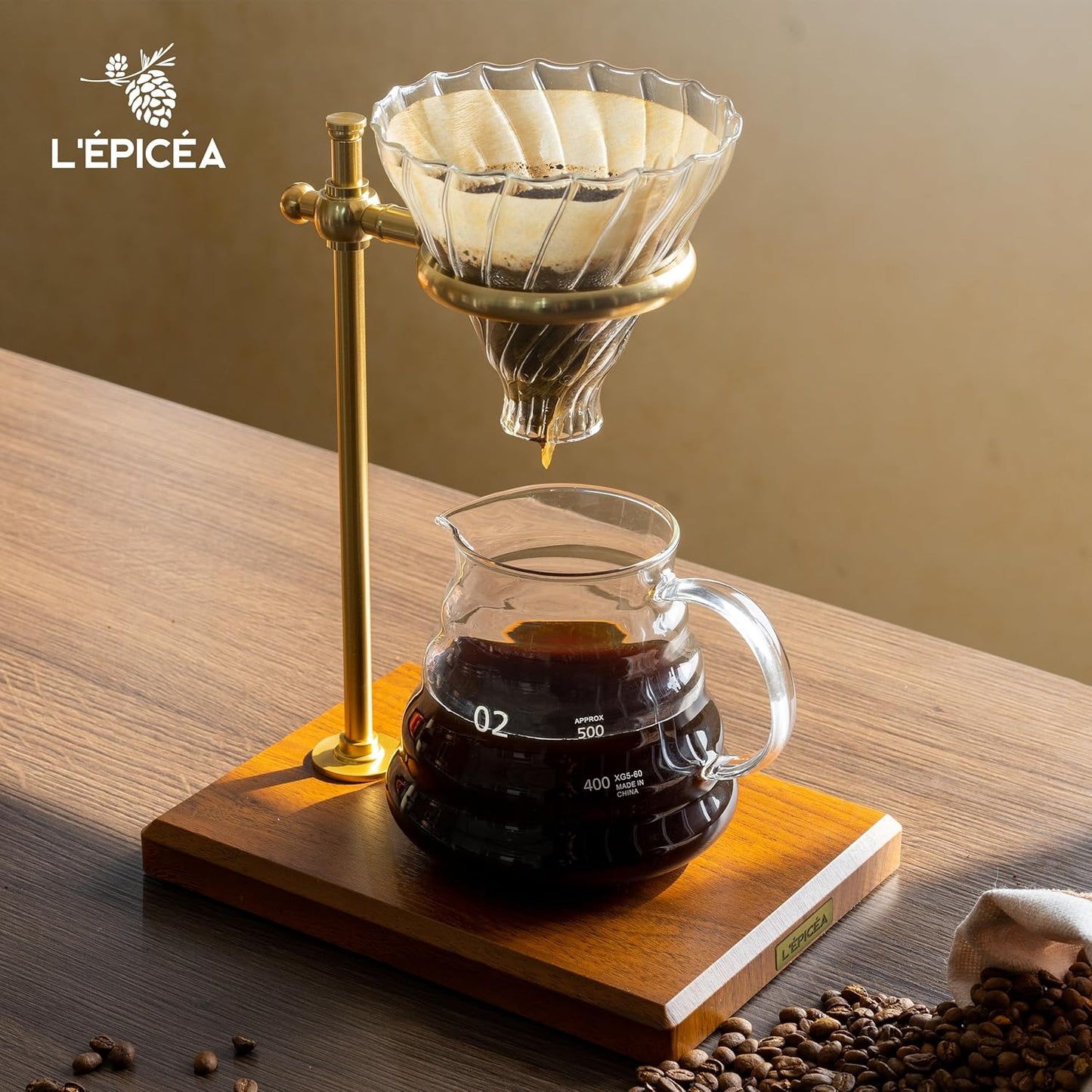 L'ÉPICÉA Pour Over Coffee Maker Set, Pour Over Coffee Maker with Stand, Adjustable Stainless Steel Stand, Wooden Base, Paper Filters, Cone Glass Coffee Carafe, Pour Over Coffee Dripper