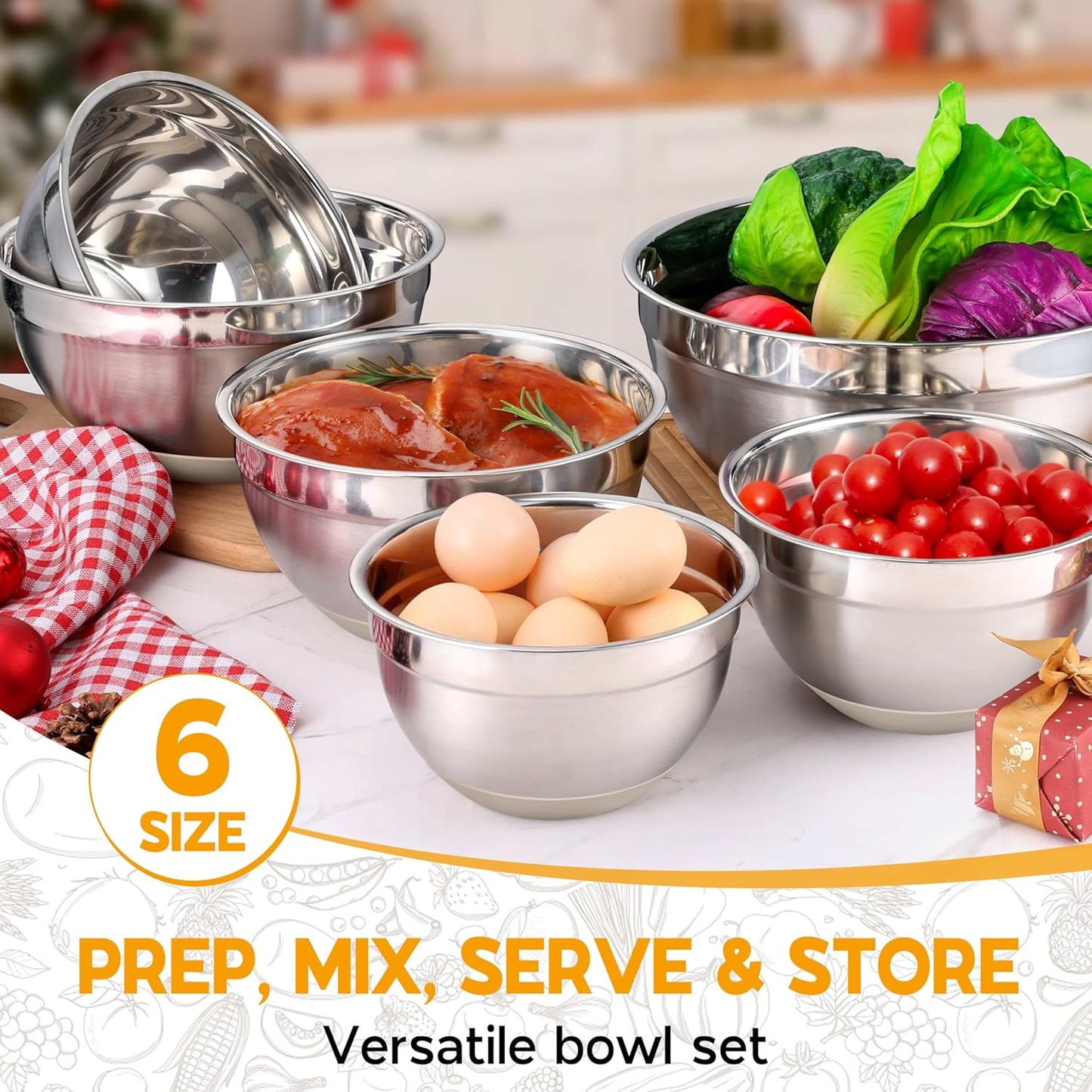 Mixing Bowls with Lids Set of 6, Large Metal Nesting Mixing Bowls, Stainless Steel Non-Slip Salad Bowl Khaki – Size 1, 1.5, 2, 2.6, 3.5, 7QT