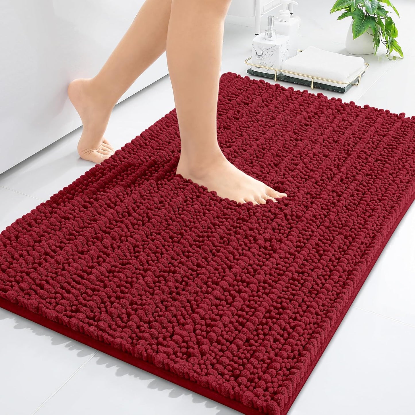 Arotive Luxury Chenille Bathroom Rug Mat, Extra Soft Thick Absorbent Shaggy Bath Rugs, Non-Slip Machine Wash Dry, Plush Bath Mats for Bathroom, Shower and Tub, 34x21, Red