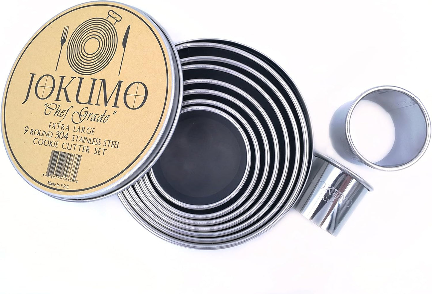 9 Piece Extra Large Chef Grade Plain Round Pastry/Cookie Cutter Set - Extra Thick Premium 18/8 304 Stainless Steel - Marked Size for Professional Chefs and Ambitious Home Cooks