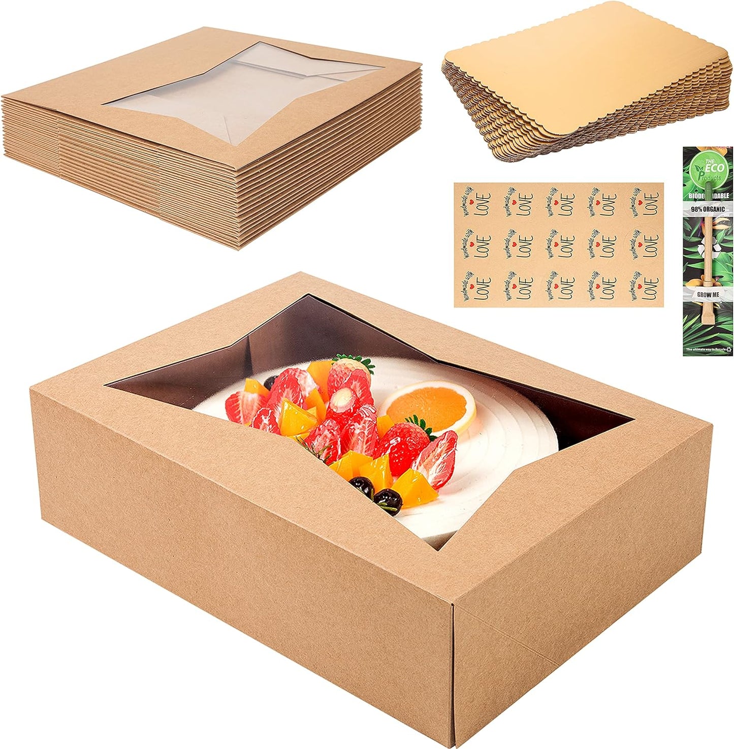 (15 Pack) Cake Boxes with Cake Boards INCLUDED – Easy-Assembly, 14 x 10 x 4 Inch, Dessert Boxes with Window, Stickers – Store & Sell Cakes, Cupcakes, Muffins, & Donuts in Bakery Boxes