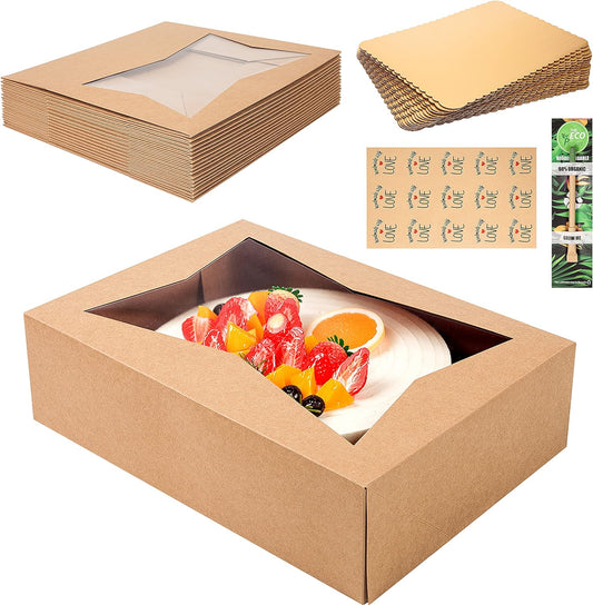 (15 Pack) Cake Boxes with Cake Boards INCLUDED – Easy-Assembly, 14 x 10 x 4 Inch, Dessert Boxes with Window, Stickers – Store & Sell Cakes, Cupcakes, Muffins, & Donuts in Bakery Boxes