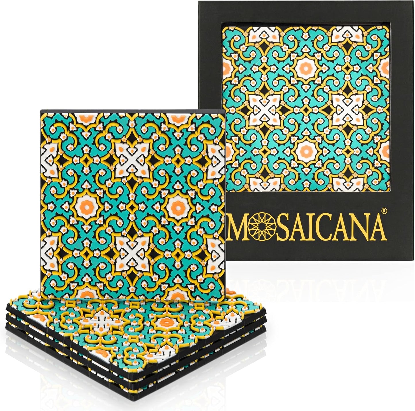 Emerald Tiles Silicone Coasters Set of 4, Protect Against Water Marks or Damage Fits All Cups, 3.5" Inch Size