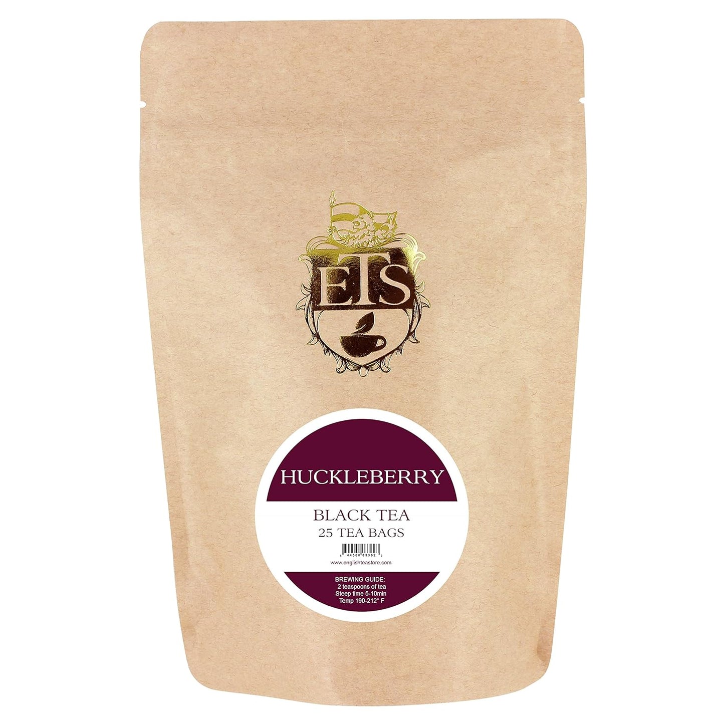 English Tea Store - Huckleberry Flavored Black Tea | Wild Berry Sweetness with Tart Notes | Medium Caffeine | Serve Hot or Iced | 25 Unwrapped Teabags in Resealable Pouch