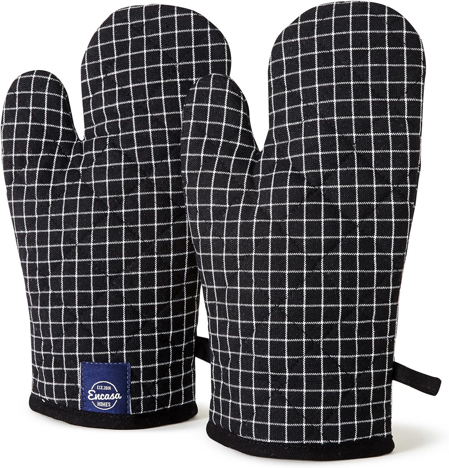 Encasa Homes Long 12" Oven Microwave Hand Gloves Mitts (2 pc Set) for Kitchen Cooking & Baking - Heat Resistant, Thick & Safe, Protection of Hands from Hot Utensils - Butcher Checks Black