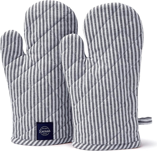 Encasa Homes Long 12"x7" Oven Microwave Hand Gloves Mitts (2 pc Set) for Kitchen Cooking & Baking - Heat Resistant, Thick & Safe, Protection of Hands from Hot Utensils - Ticking Navy Blue