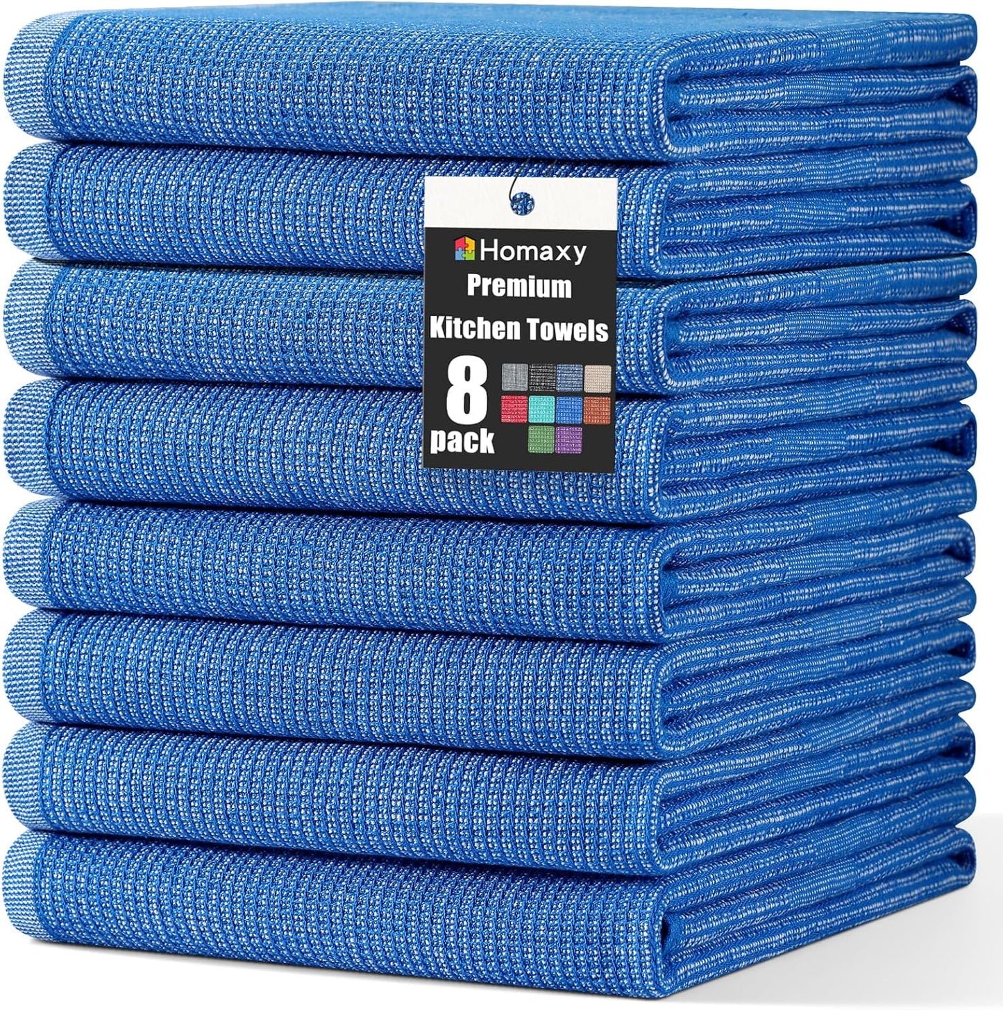 Homaxy Premium Kitchen Towels(18”x 28”, 8 Pack), Large Cotton Kitchen Hand Towels, Flat and Terry Dish Towels, 380 GSM Highly Absorbent Tea Towel Set with Hanging Loop, Blueberry