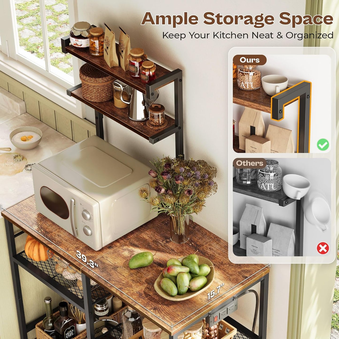 Huuger 39.4 Inch Bakers Rack with Power Outlets, Kitchen Microwave Stand with Storage, Coffee Bar with 4 Hooks, 3-Level Height Open Shelves, Rustic Brown