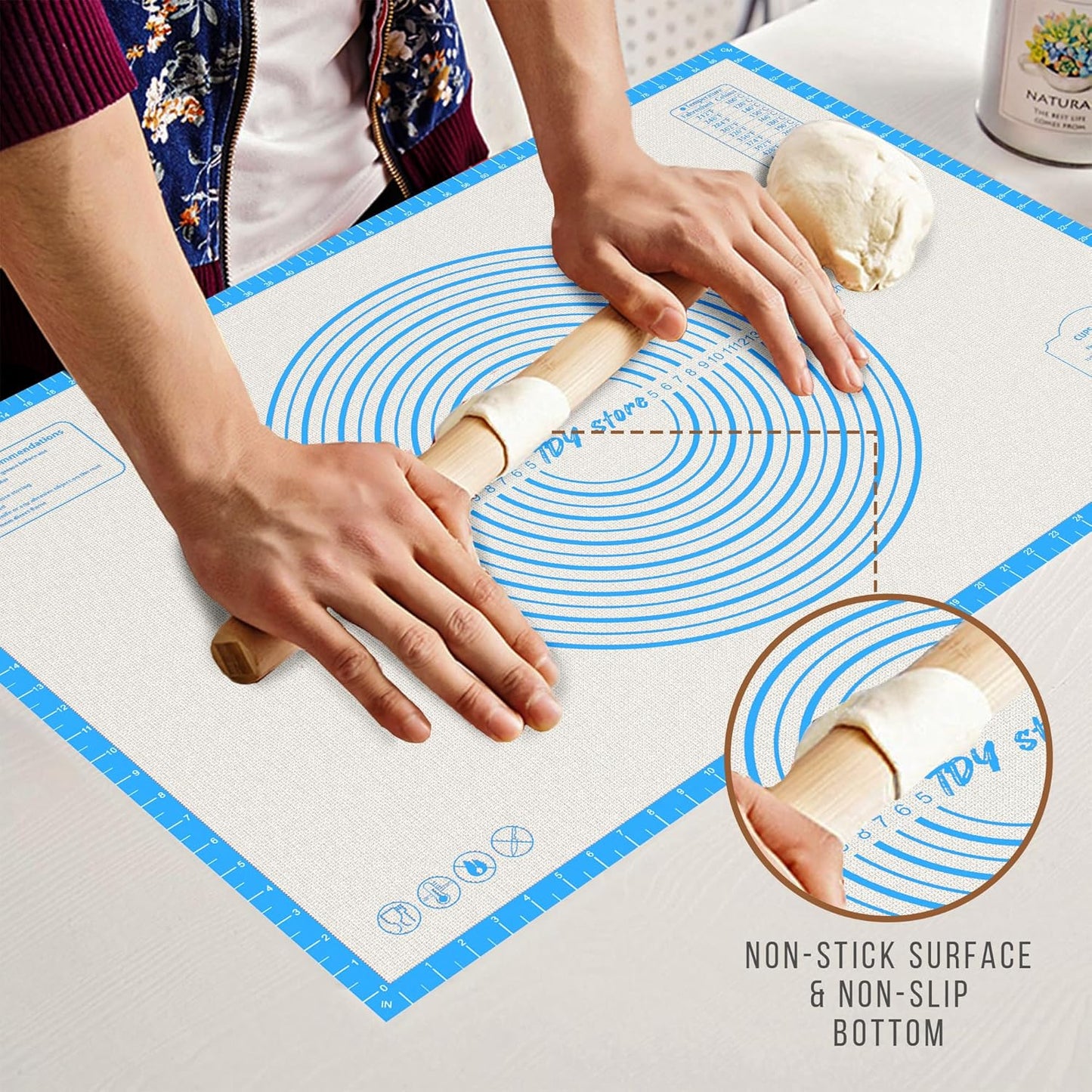 28 * 20 inches Blue, Non-Slip Silicone Baking Sheets - Baking Mat with 0.7mm Thickness - Non-Stick Pastry & Cookie Mat for Kitchen Counter for Rolling Out Dough with Measurements.