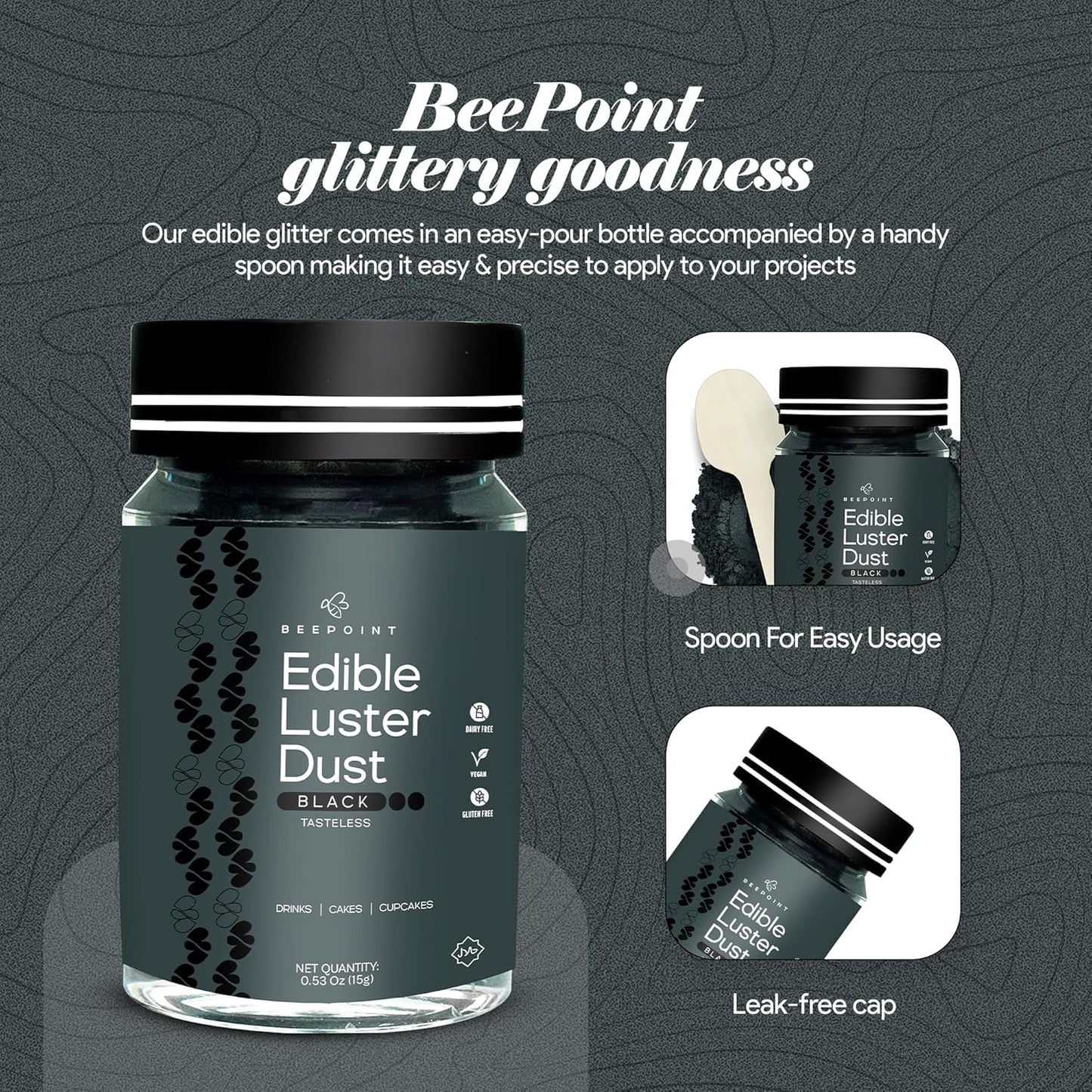 BeePoint Black Edible Luster Dust 15g - Food Grade, Vibrant Color Shimmer Powdered Dust for Drinks, Cocktails, Cake Decorating, Baking, Chocolates, Candy, Sweets, & Cookies - Vegan & Gluten Free