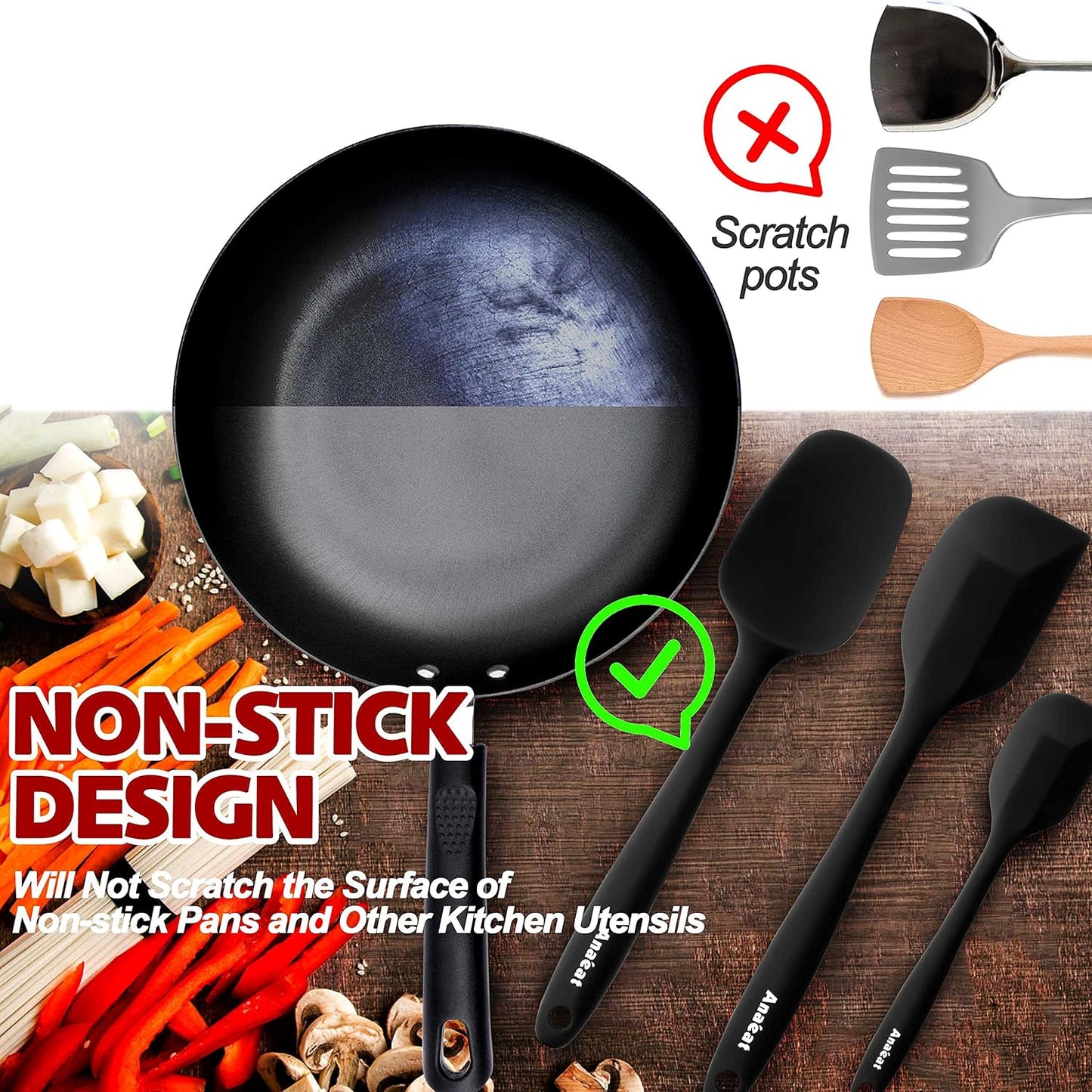 Anaeat Heat Resistant Silicone Spatula Set of 8 - Seamless One-Pieces Design, Non-Stick Rubber Spatulas & Mini Kitchen Scraper Flexible for Non-stick Cookware - Easy Baking, Cooking, Scraping & Mixing