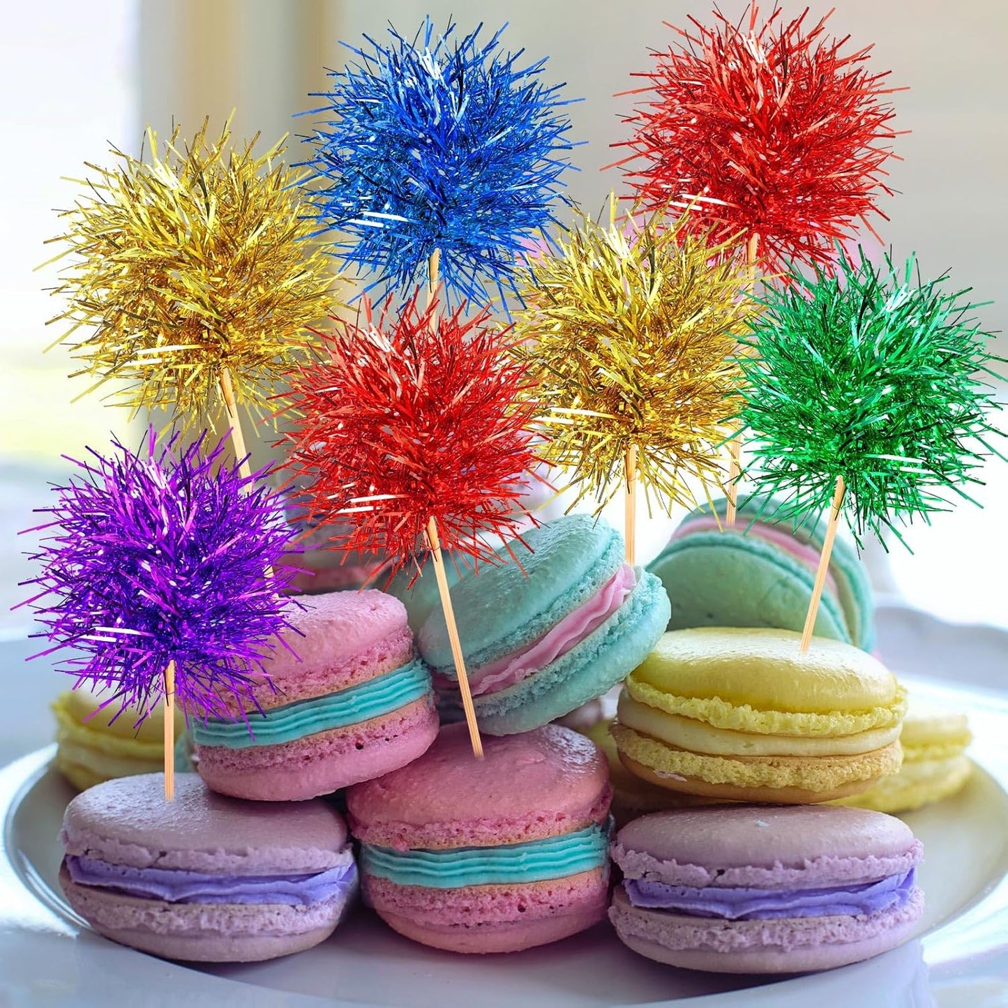 Chinco 100 Pcs Foil Firework Cupcake Toppers Sparkle Tinsel Cake Toppers Cake Decoration Cocktail Fruit Toothpick for Birthday Wedding Graduation Party(Bright Color)