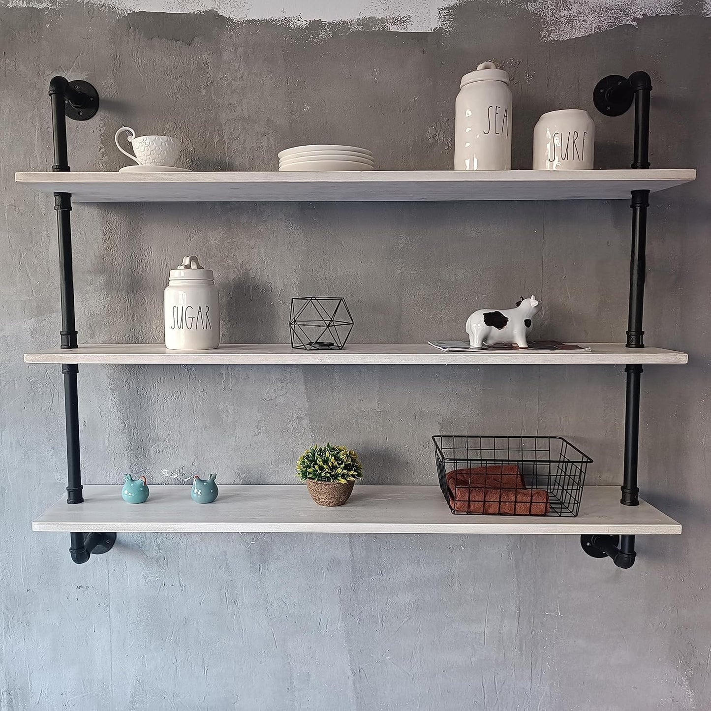 Floating Bookshel Industrial Pipe Shelving Pipe Shelves Rustic White Wall Shelves 36 Inch Farmhouse Book Shelves for Kitchen Bar,Bathroom Wall Mounted