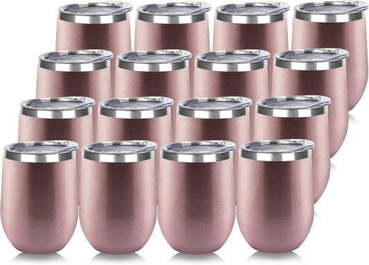DOMICARE Stainless Steel Wine Tumbler Bulk with Lid, Personalized Rose Gold Insulated Tumblers Set, 12oz Travel Coffee Cups Pack of 16