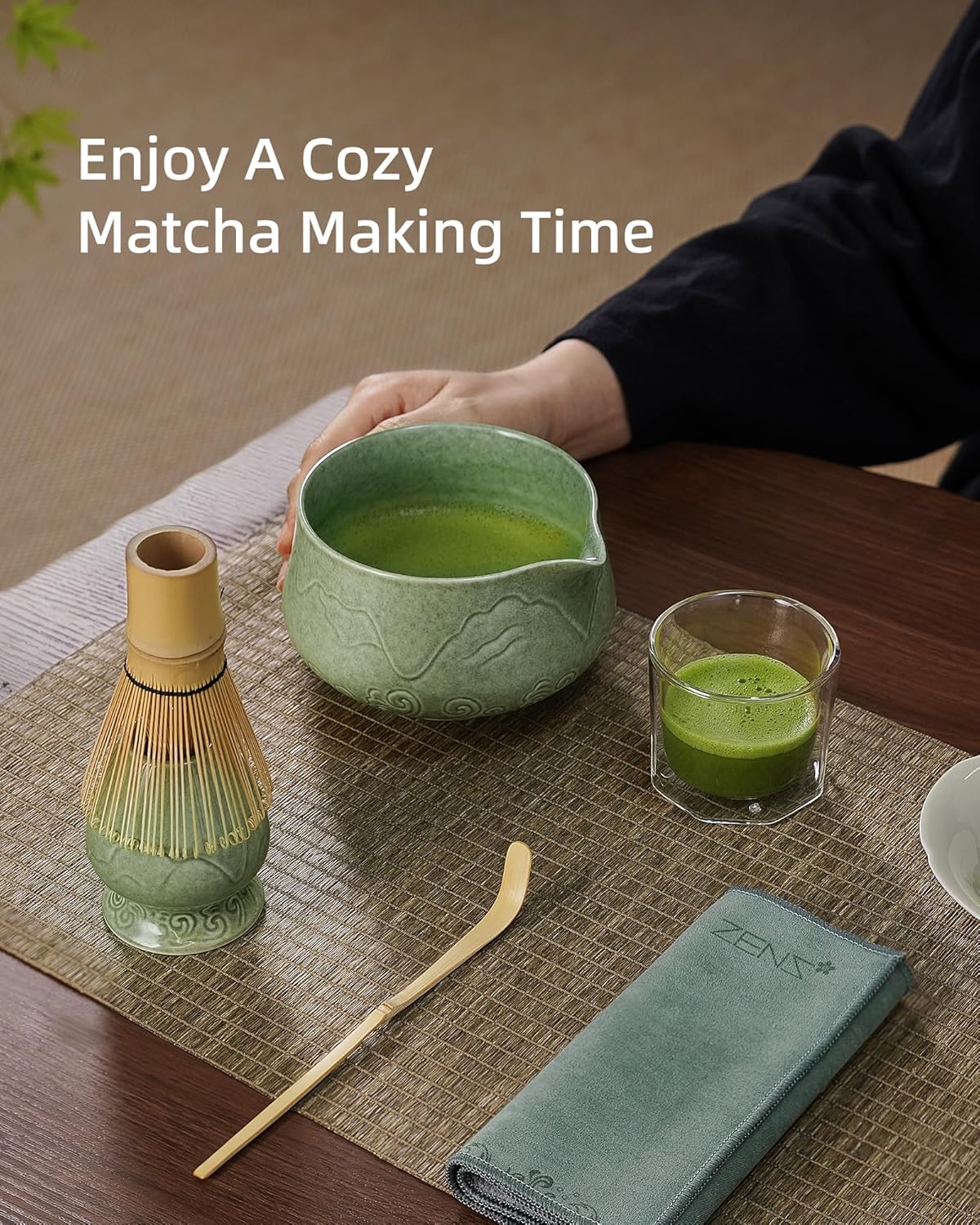 ZENS Matcha Whisk Set, 15oz Ceramic Matcha Bowl with Spout and Bamboo Whisk, (Chasen Holder) Scoop & Tea Towel, 5pcs Matcha Kit for Matcha Ceremony, Emerald Green