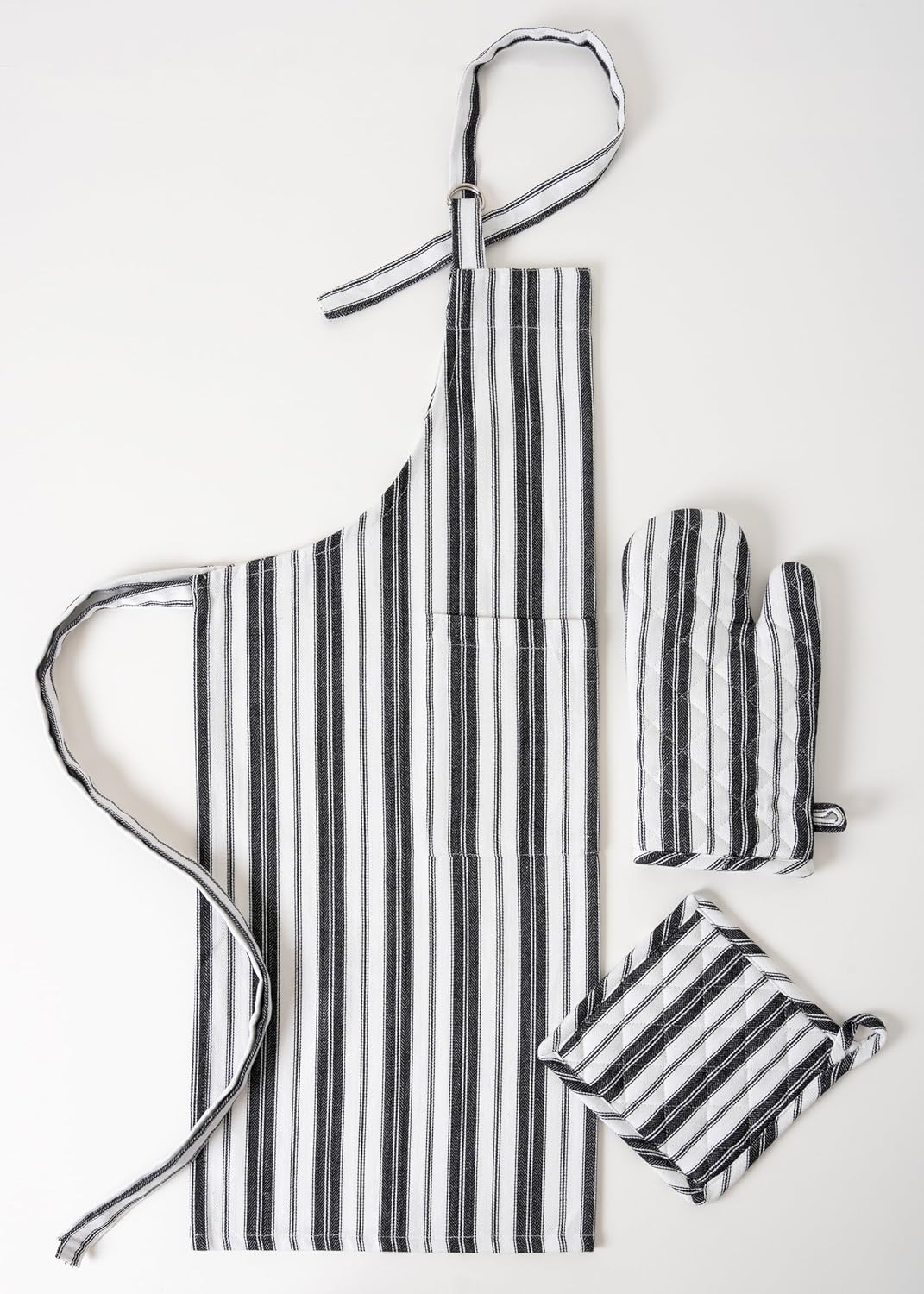 1 Oven Mitt, 1 PotHolder & 1 Kitchen Apron Set - Durable Heat Resistant Gloves - Thick Mittens for Kitchen - Suitable for Cooking, Baking, Grilling – for Men & Women – Black Stripes - Casa De Lan