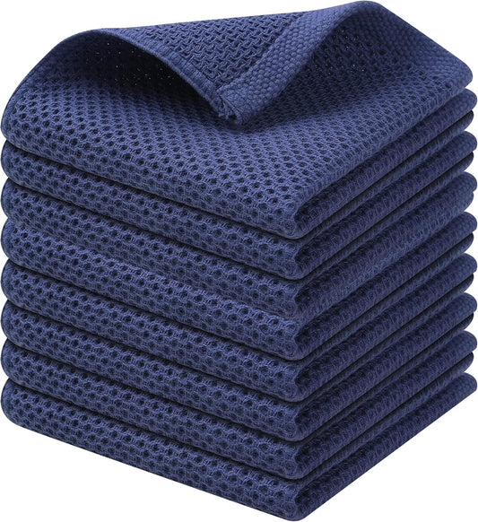 Kitinjoy 100% Cotton Kitchen Dish Cloths, 8 Pack Waffle Weave Ultra Soft Absorbent Dish Towels for Drying Dishes Quick Drying Kitchen Towels Dish Rags, 12 X 12Inch, Navy Blue