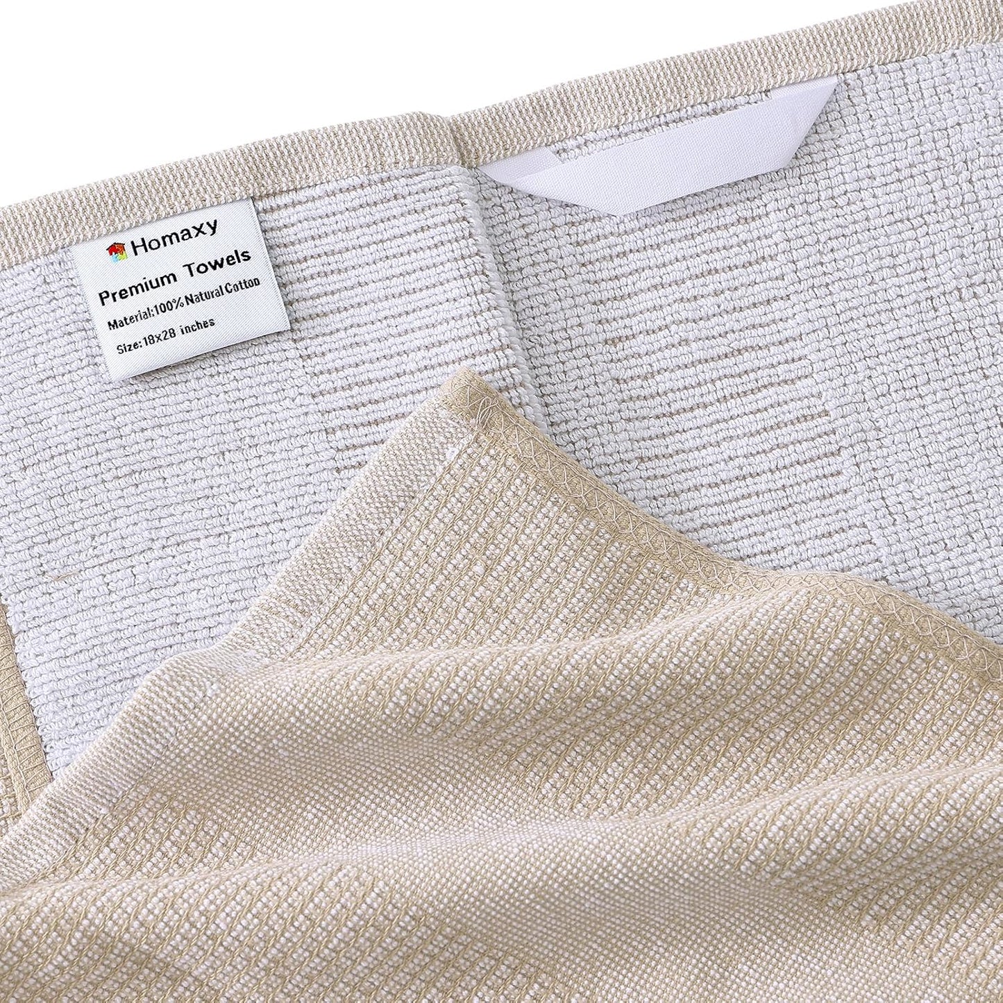 Homaxy Premium Kitchen Towels(18”x 28”, 8 Pack), Large Cotton Kitchen Hand Towels, Flat and Terry Dish Towels, 380 GSM Highly Absorbent Tea Towel Set with Hanging Loop, Khaki