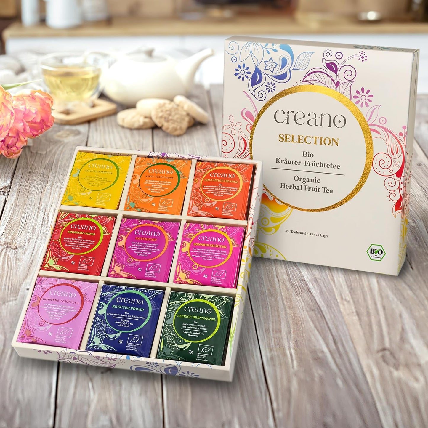 Creano Organic Fruit Tea Herbal Tea Gift Set – 45 Organic Tea Bags in 9 Dreamy Varieties – 90 g