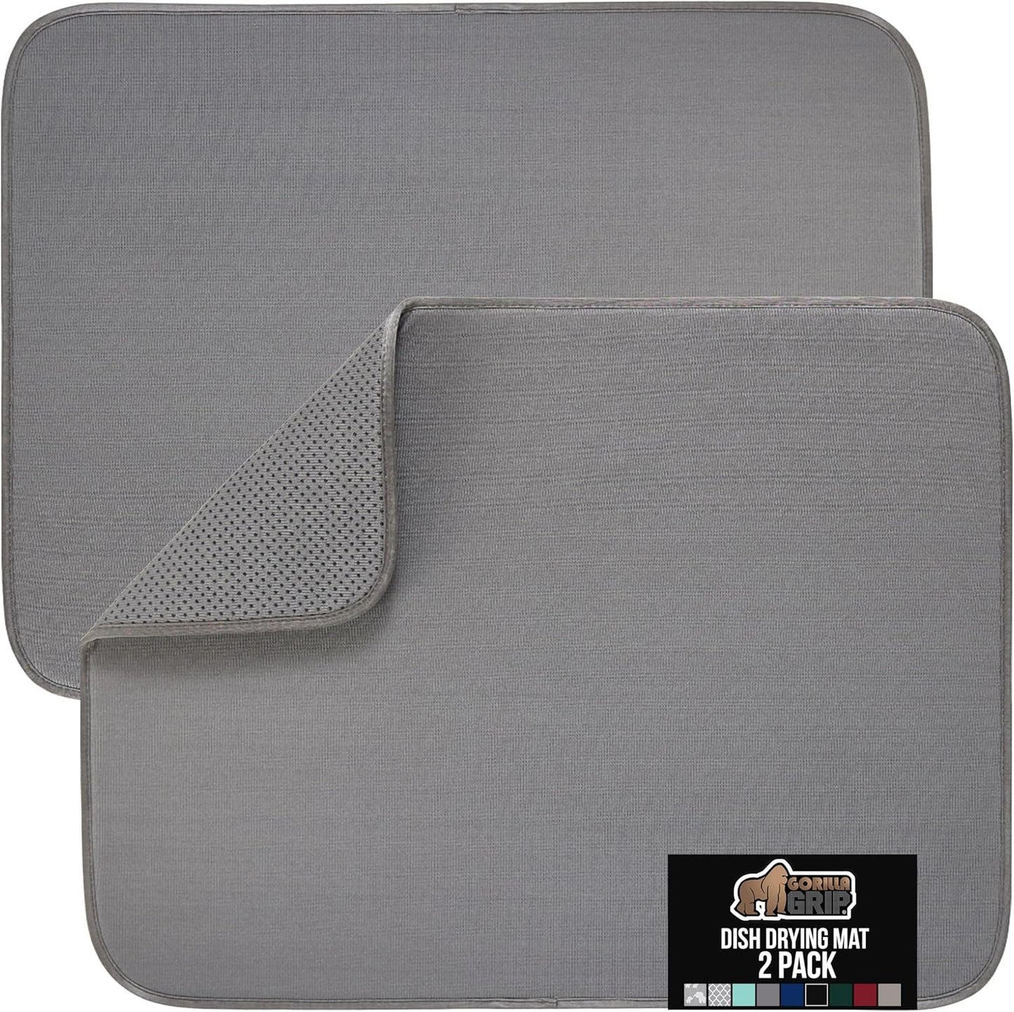 GORILLA GRIP Ultra Water Absorbent Microfiber Dish Drying Mat, Quick Dry Thick Mesh, Slip Resistant Pad for Sink Dishes or Under Rack, Kitchen Counter Accessories, 16x18, Machine Wash, 2 Pack Gray
