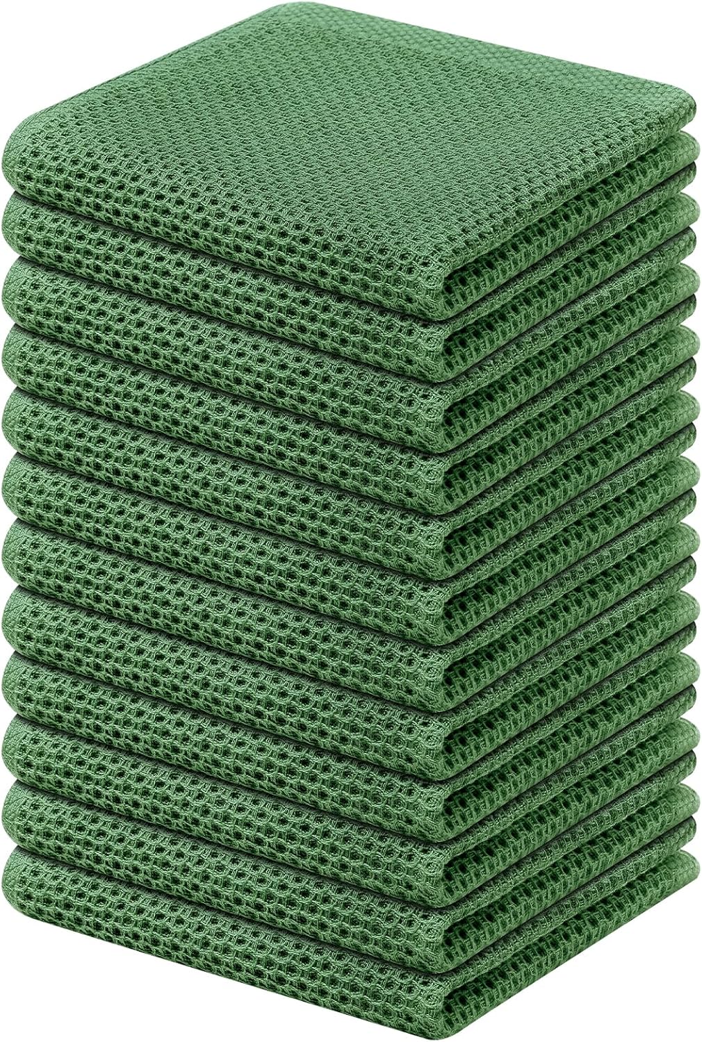 Kitinjoy 100% Cotton Kitchen Dish Cloths, 12 Pack Waffle Weave Ultra Soft Absorbent Dish Towels for Drying Dishes Quick Drying Kitchen Towels Dish Rags, 12 X 12 Inches, Grass Green