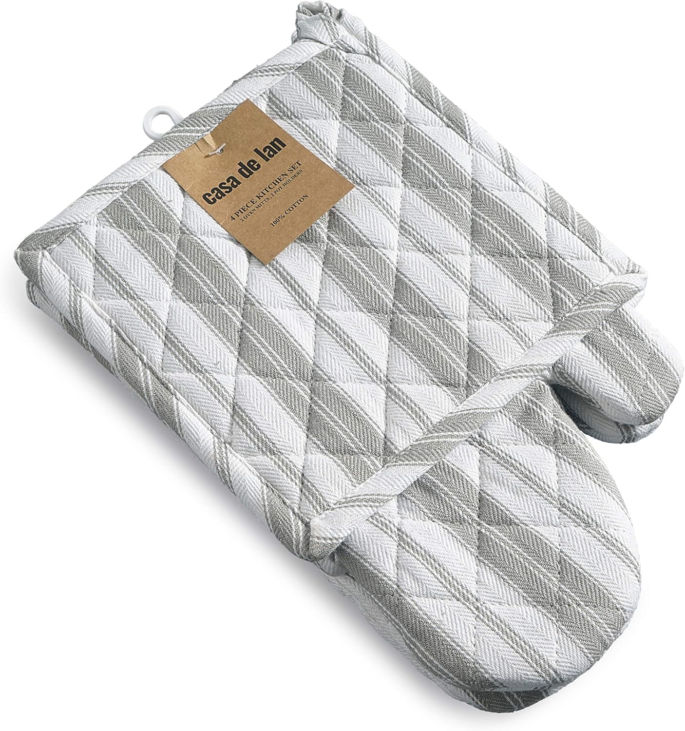 Oven Mitt & Potholder Set - Durable Heat Resistant Gloves - Thick Mittens for Kitchen - Suitable for Cooking, Baking, Grilling – BBQ - 1 Oven Mitts & 1 Potholders – Light Grey Stripes - Casa De Lan