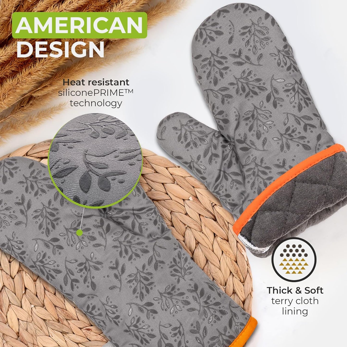 Premium Heat-Resistant Oven Mitts - Stylish and Beautiful - Non-Slip Platinum Silicone Grip - Long and Thick - 100% Natural Cotton Exterior and Soft Terry Cloth Lining - Set of 2 by Cook'n'Chic