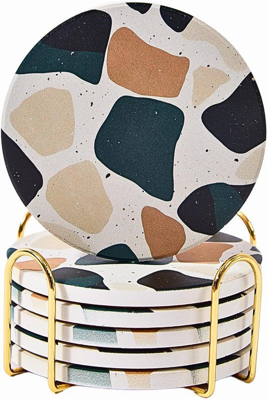 Black Terrazzo Drink Absorbent Coasters with Holder Set of 6, Ceramic Coaster for Drinks, Coffee Table Decor, Water Absorbing Stone Coaster for Drinks (Midnight)