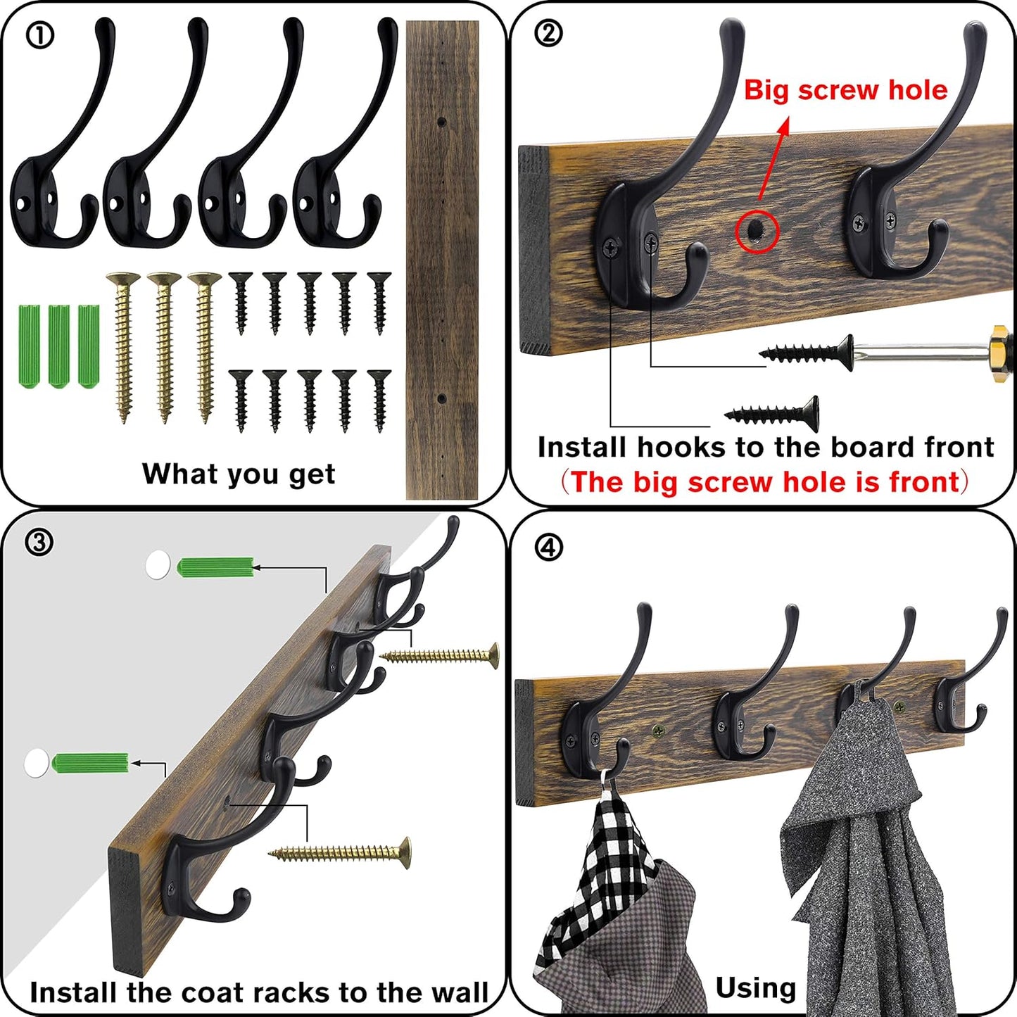 IBosins Wall Mounted Coat Rack, Entryway Hanging , Metal Wood Rack with 4 Black Literary Rustic Hooks Rail for Scarf, Bag, Towel, Key, Cap, Cup, Hat (Brown)