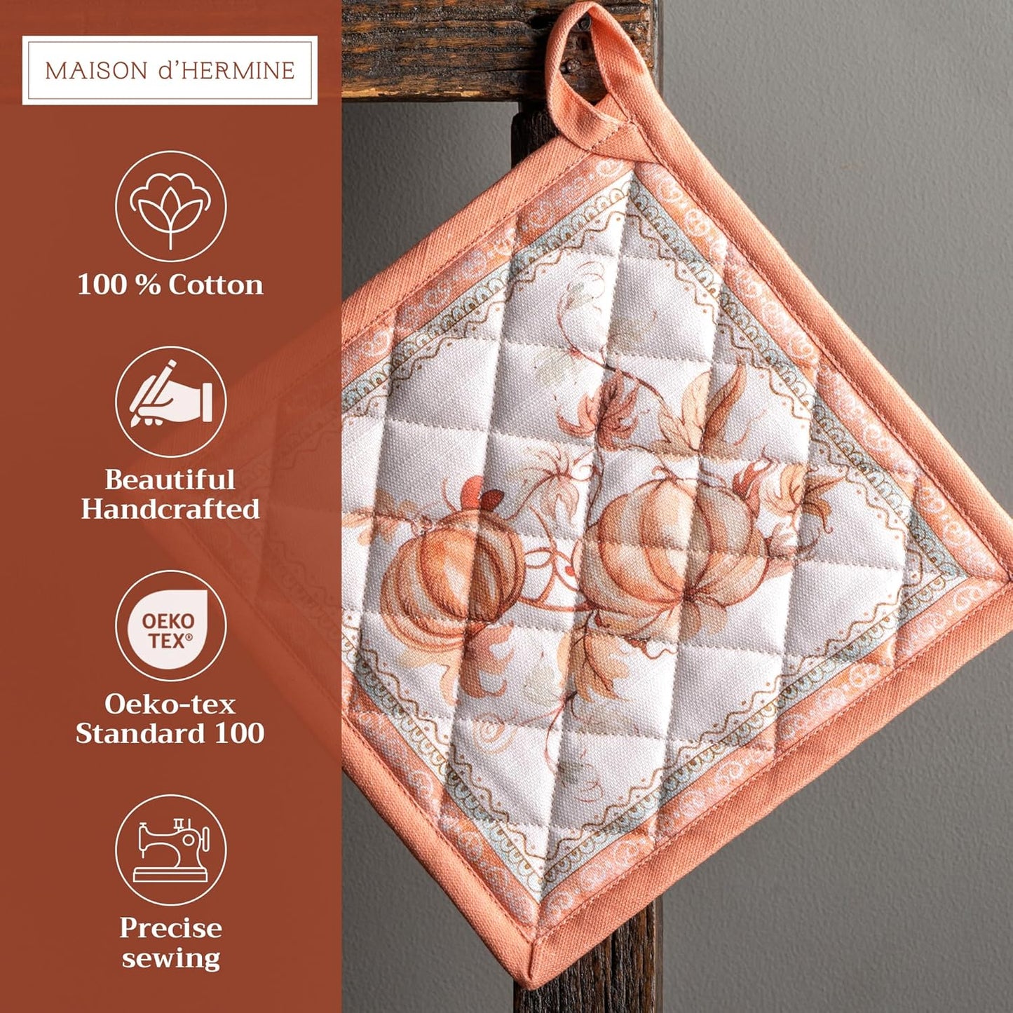 Maison d' Hermine Pot Holders 100% Cotton Heat Resistant Potholders 8" x 8" Hot Pads with Loop BBQ, Cooking, Baking, Grilling, Kitchen, Handling Hot Pans (Pack of 1, Giving Thanks)