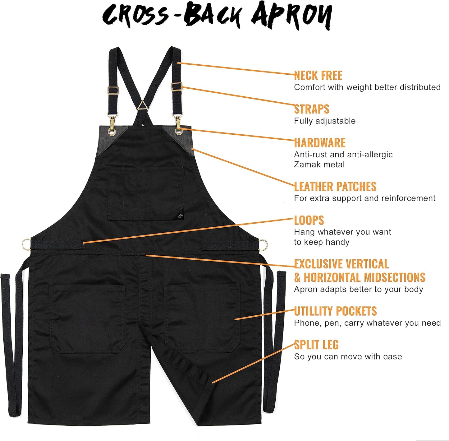 Under NY Sky Cross-Back Deep Black Apron - Durable Twill with Leather Reinforcement and Split-Leg - Adjustable for Men and Women - Pro Chef, Tattoo, Baker, Barista, Bartender, Stylist, Server Aprons