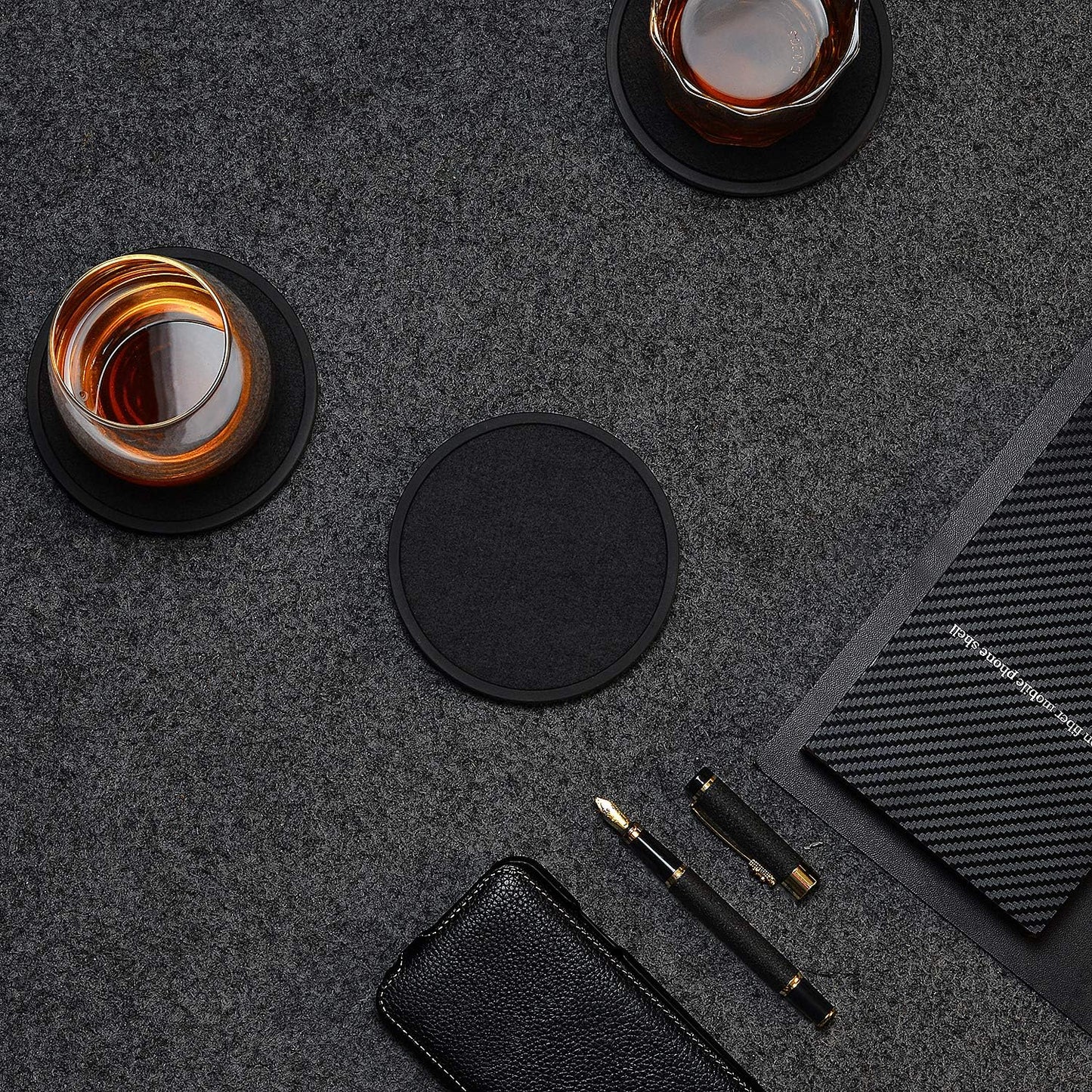 Absorbent Coasters for Drinks with Holder - 6packs, Silicone Coaster with Soft Felt Insert, Black (Coasters with Holder, Black)