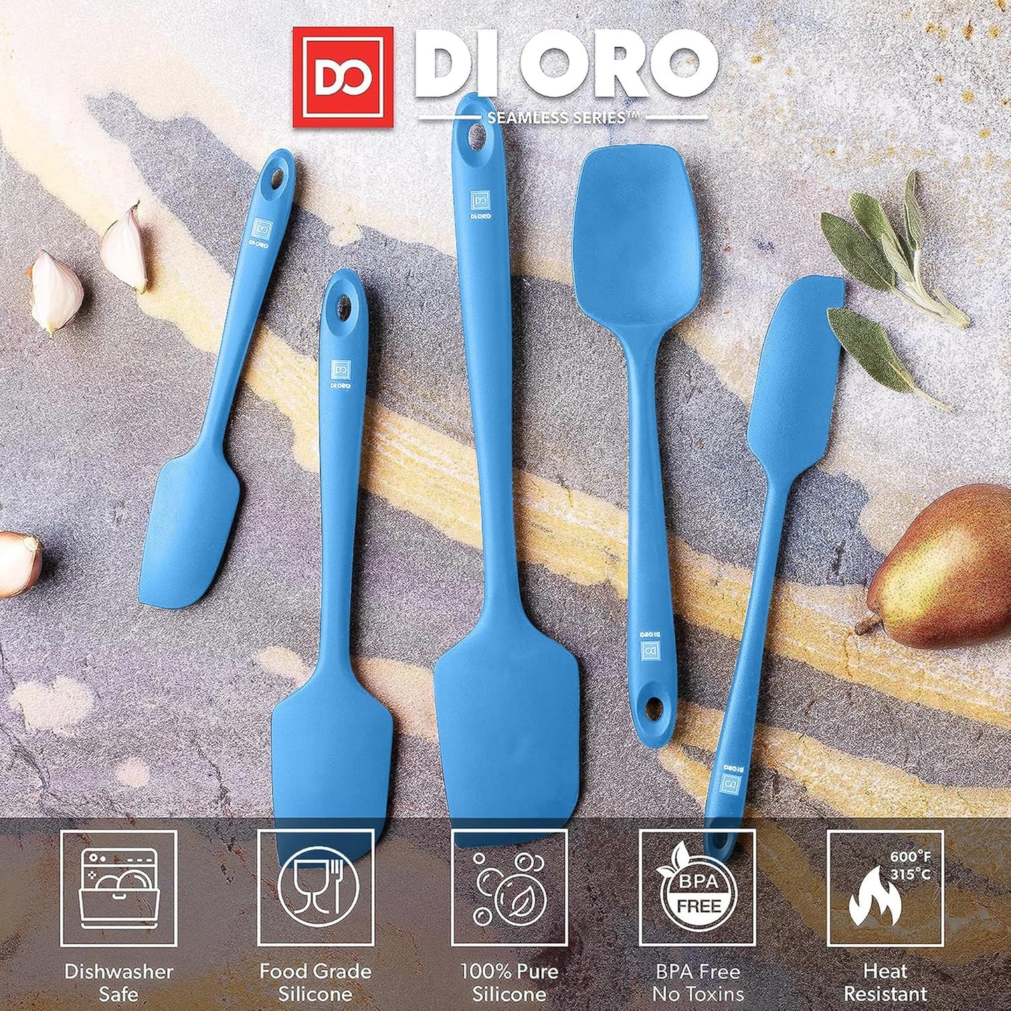DI ORO Silicone Spatula Set - Rubber Kitchen Spatulas for Baking, Cooking, & Mixing - 600°F Heat-Resistant & BPA Free Silicone Scraper Spatulas for Nonstick Cookware - Dishwasher Safe (5pc, Blue)
