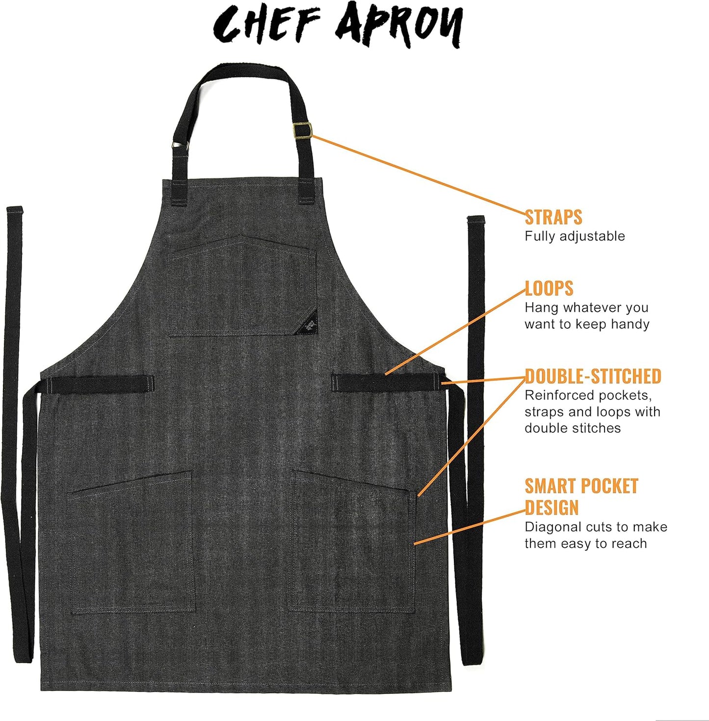 Under NY Sky Chef Apron – Professional Black Denim – Cotton Straps - Smart Pockets - Adjustable for Men and Women – Pro Chef, Cook, Kitchen, Baker, Barista, Bartender, Server Aprons
