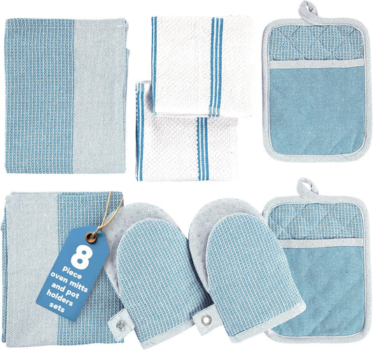 Casa Platino Silicone Oven Mitts Set, 8-Piece – 500°F Heat Resistant Mini Oven Mitt Set, Potholders for Kitchens, 2 Kitchen Towels & 2 Dish Cloths – Durable, Non-Slip & Machine Washable – Cornflower