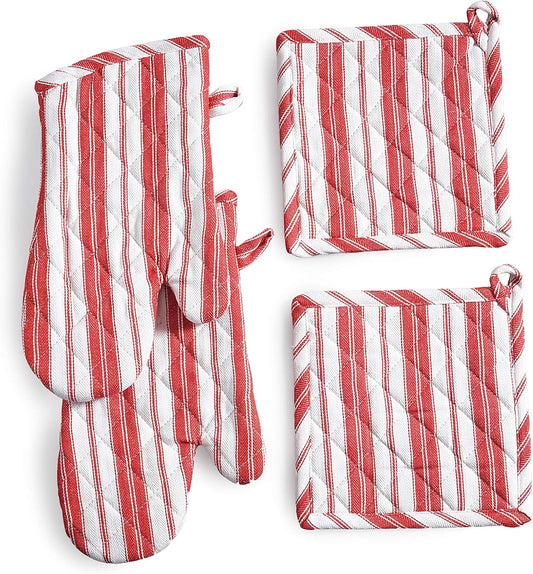 Oven Mitts & Potholder Set - Durable Heat Resistant Gloves - Thick Mittens for Kitchen - Suitable for Cooking, Baking, Grilling – BBQ - 2 Oven Mitts & 2 Potholders – Bright Red Stripes - Casa De Lan