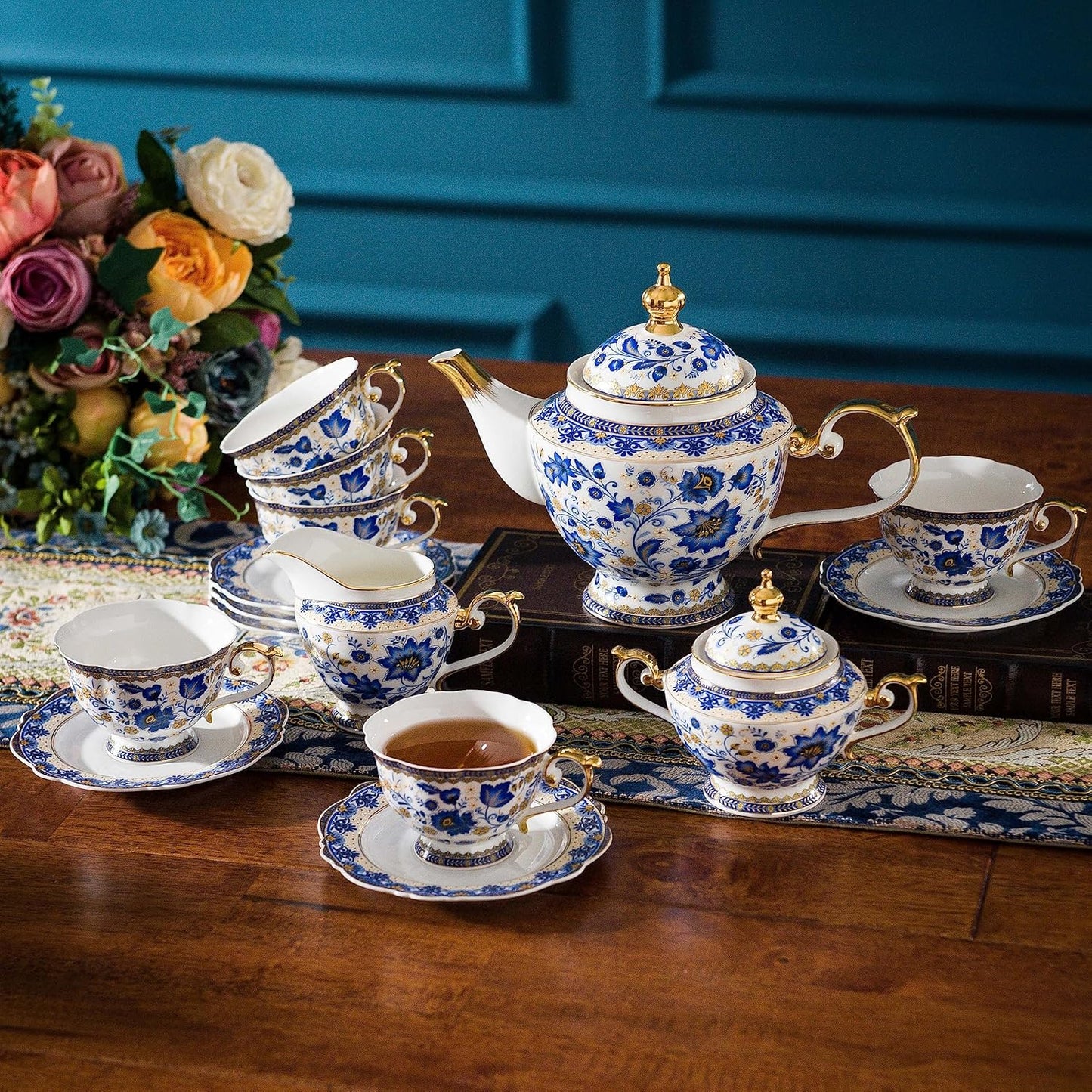 ACMLIFE Bone China Tea Set for 6, Blue and White Tea Set for Adults 24K Gold, Vintage Floral British English Cups and Saucers for Women Party or Gift Giving (Blue)