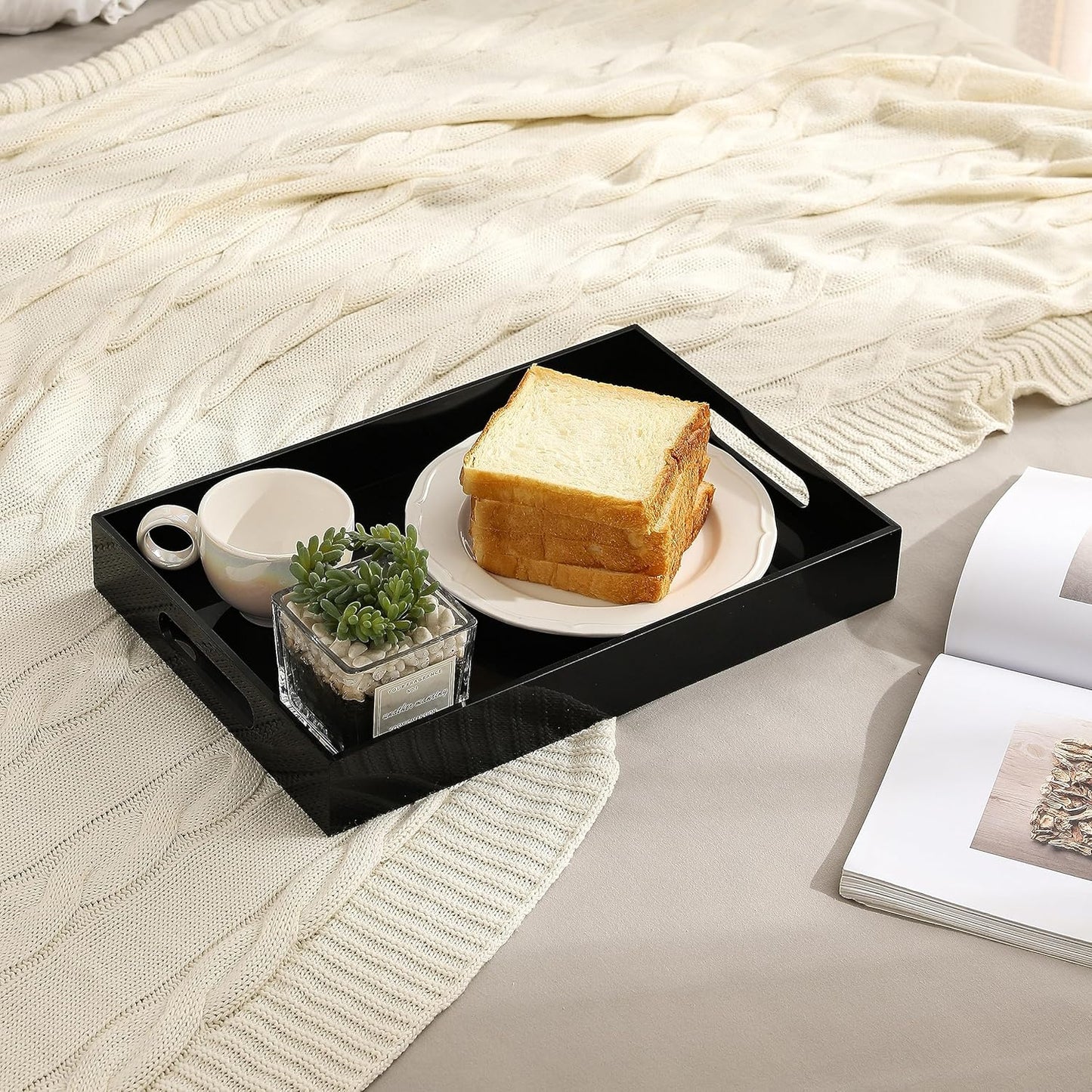Glossy Black Sturdy Acrylic Serving Tray with Handles-10x15Inch-Serving Coffee,Appetizer,Breakfast,Butler-Kitchen Countertop Tray-Makeup Drawer Organizer-Vanity Table,Ottoman Tray-Decorative