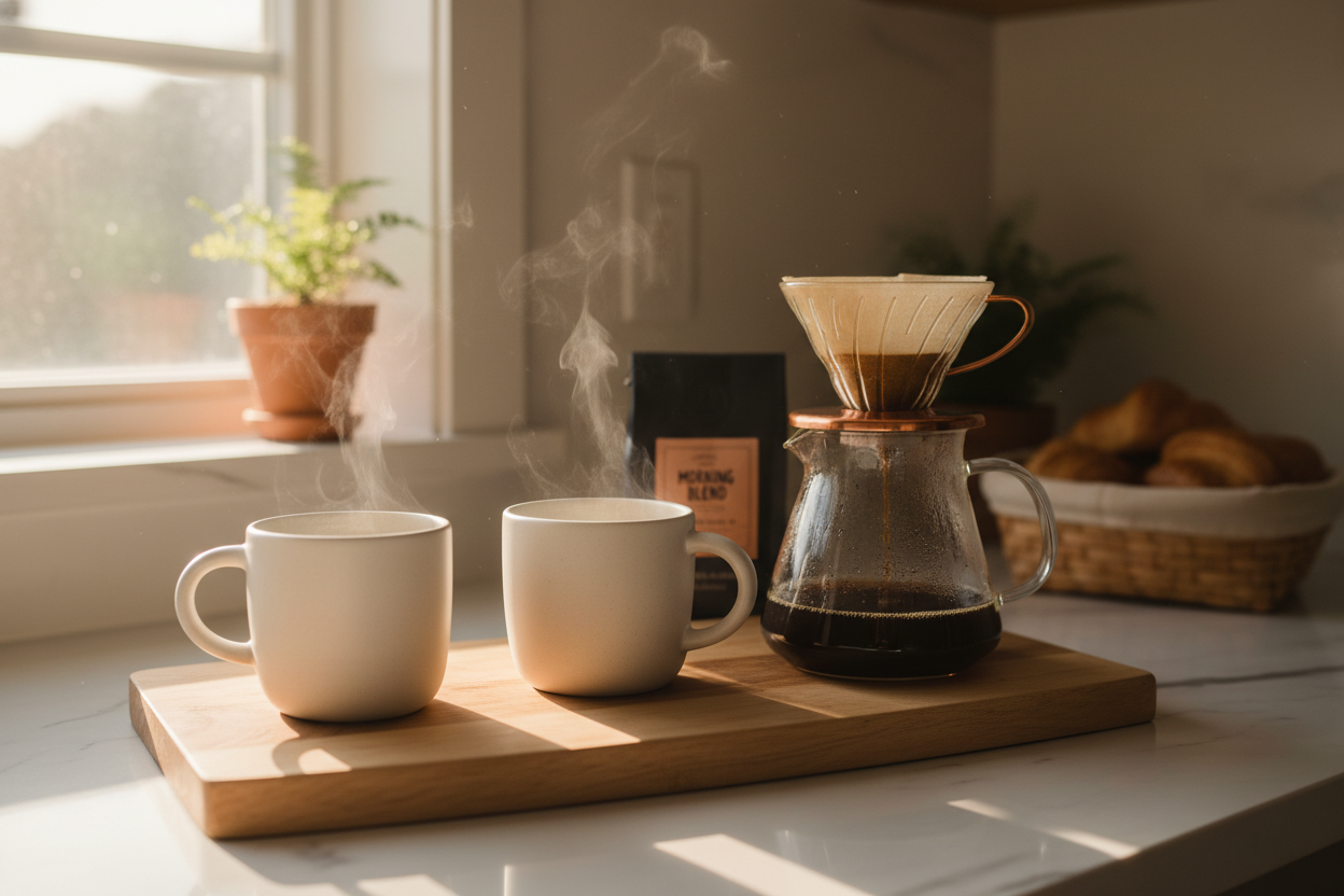 “I bought the ceramic mug set and pour-over kit, and I’m obsessed! My mornings feel so much cozier now. The quality is amazing, and everything looks so aesthetic on my counter. HomeBrews & Bakes made my home café dream come true!” (make it real photo)