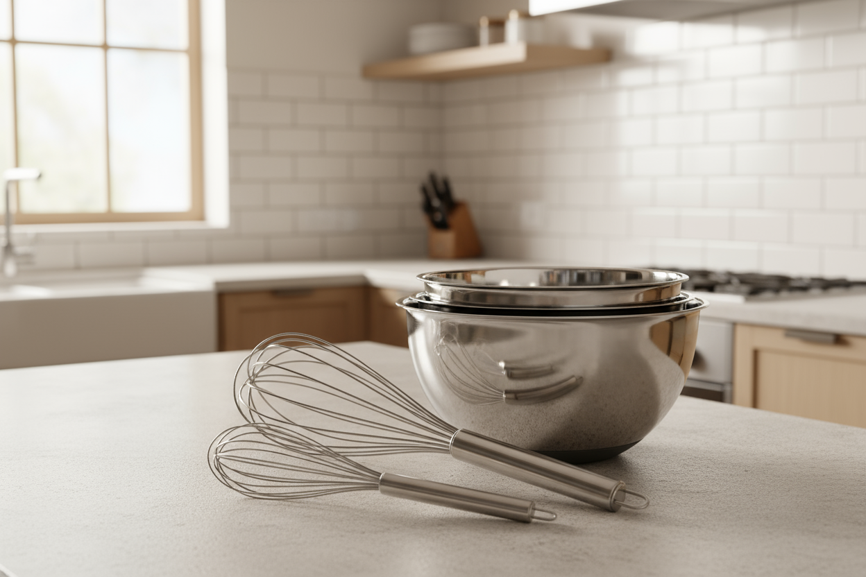 “I love that the tools don’t just look good — they work perfectly. The stainless steel whisk set and mixing bowls are my new kitchen staples. Great value for quality products!” (make it real photo)